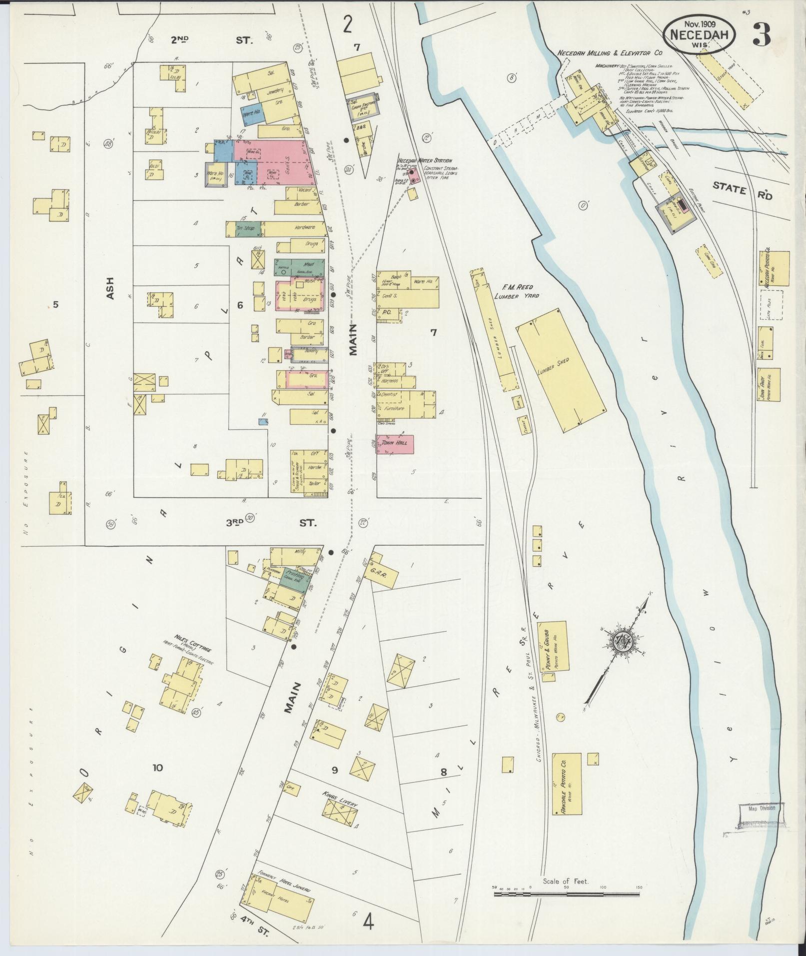 Sanborn Fire Insurance Map from Necedah, Juneau County, Wisconsin (1909), Sheet #0003 - Complete Map Set gallery image, historic Sanborn map, vintage wall art, Wisconsin Wisconsin