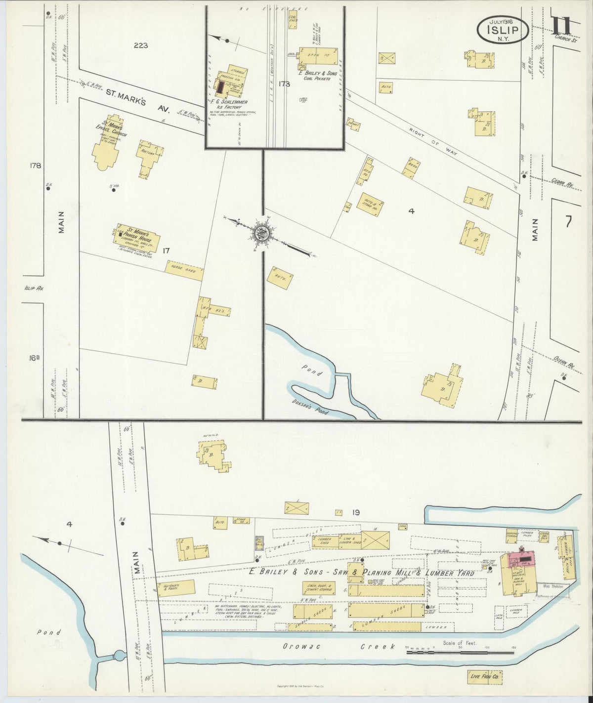 Sanborn Fire Insurance Map from Islip, Suffolk County, New York (1916), Sheet #0011 - Historic Sanborn Fire Insurance Map Print, vintage old map wall art, antique decor, genealogy gift, New York New York map