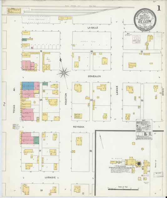 Sanborn Fire Insurance Map from De Leon, Comanche County, Texas (1905), Sheet #0001 - Complete Map Set gallery image, historic Sanborn map, vintage wall art, Texas Texas