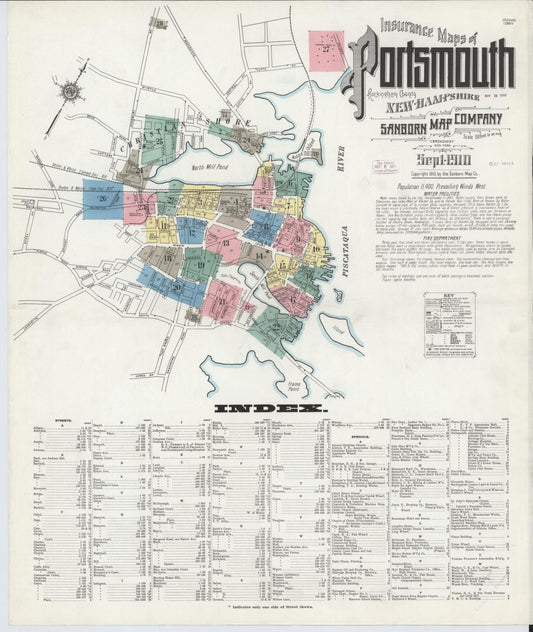 Sanborn Fire Insurance Map from Portsmouth, Rockingham County, New Hampshire (1910), Sheet #0001 - Historic Sanborn Fire Insurance Map Print, vintage old map wall art, antique decor, genealogy gift, New Hampshire New Hampshire map