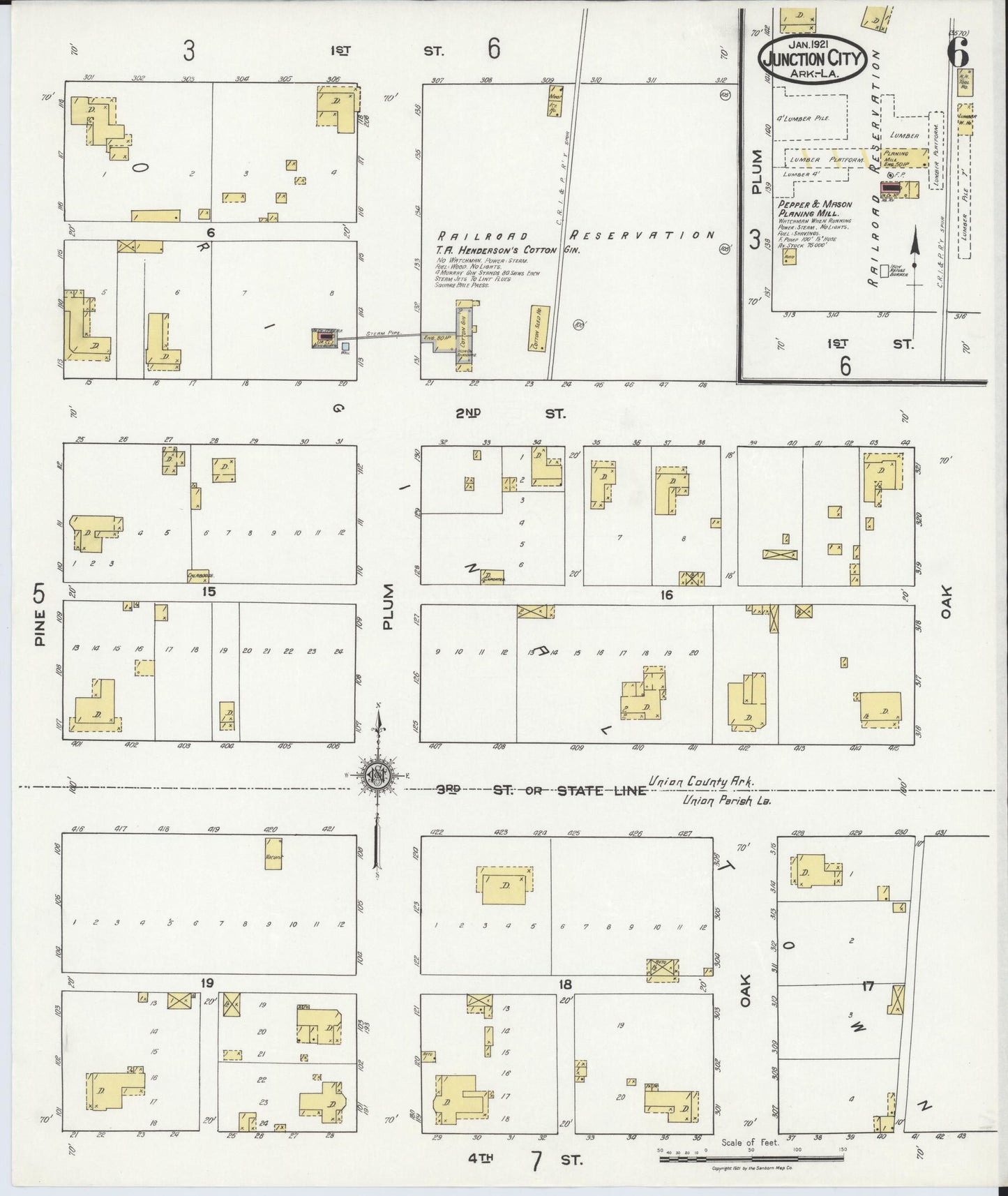 Sanborn Fire Insurance Map from Junction City, Union County, Arkansas (1921), Sheet #0006 - Complete Map Set gallery image, historic Sanborn map, vintage wall art, Arkansas Arkansas