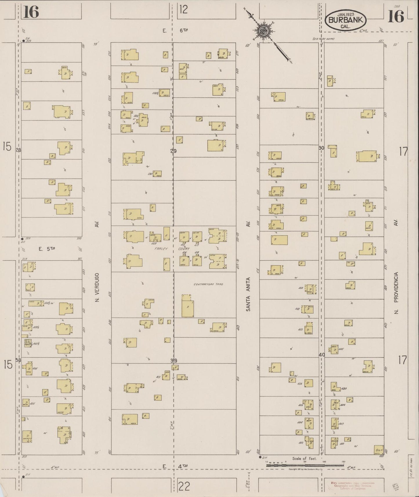 Sanborn Fire Insurance Map from Burbank, Los Angeles County, California (1923), Sheet #0016 - Complete Map Set gallery image, historic Sanborn map, vintage wall art, California California