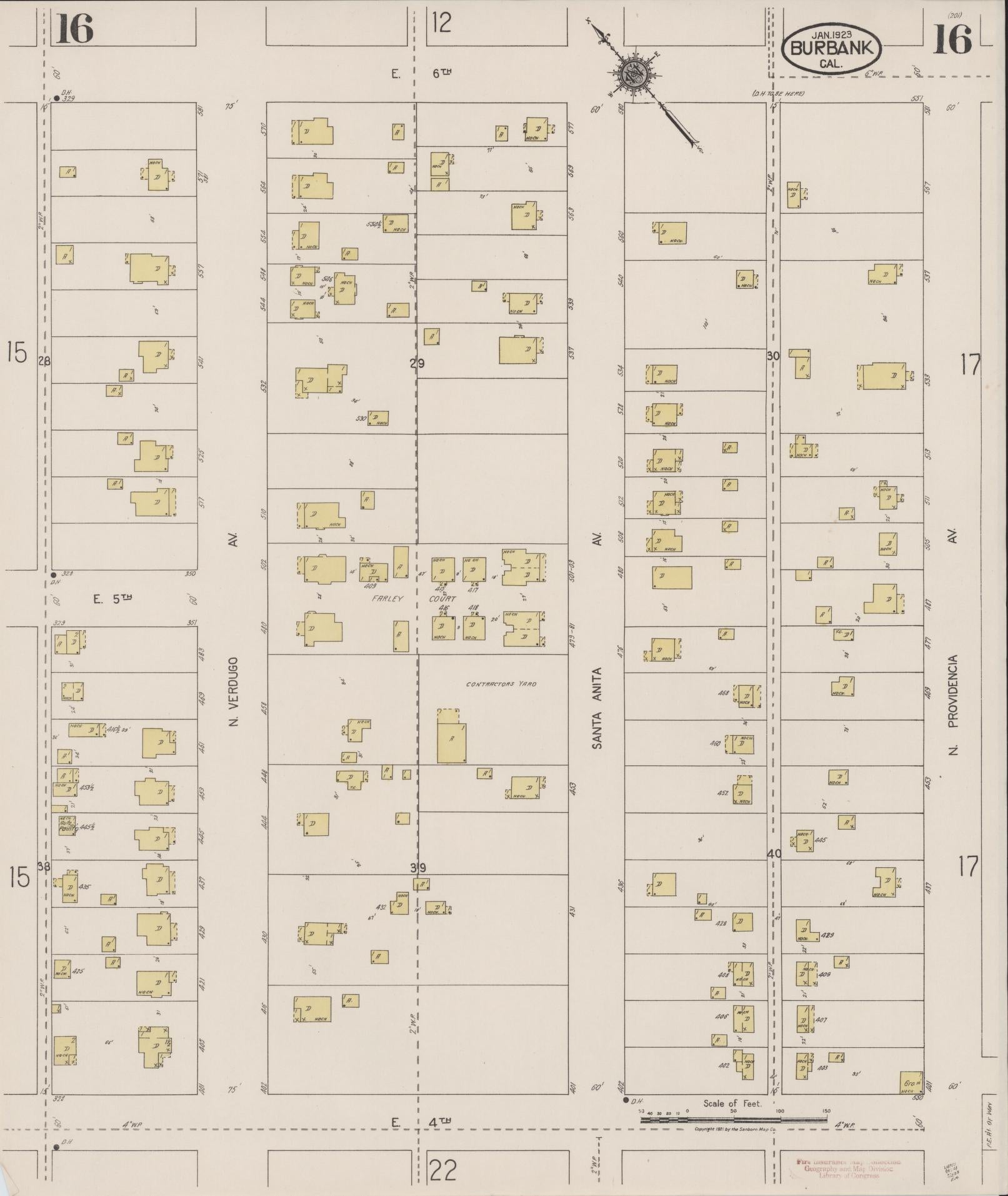 Sanborn Fire Insurance Map from Burbank, Los Angeles County, California (1923), Sheet #0016 - Complete Map Set gallery image, historic Sanborn map, vintage wall art, California California