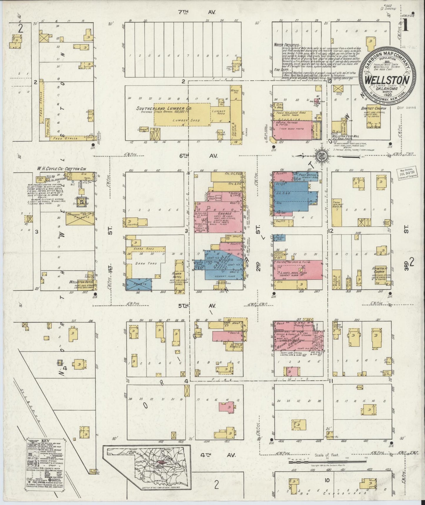Sanborn Fire Insurance Map from Wellston, Lincoln County, Oklahoma (1920), Sheet #0001 - Complete Map Set gallery image, historic Sanborn map, vintage wall art, Oklahoma Oklahoma