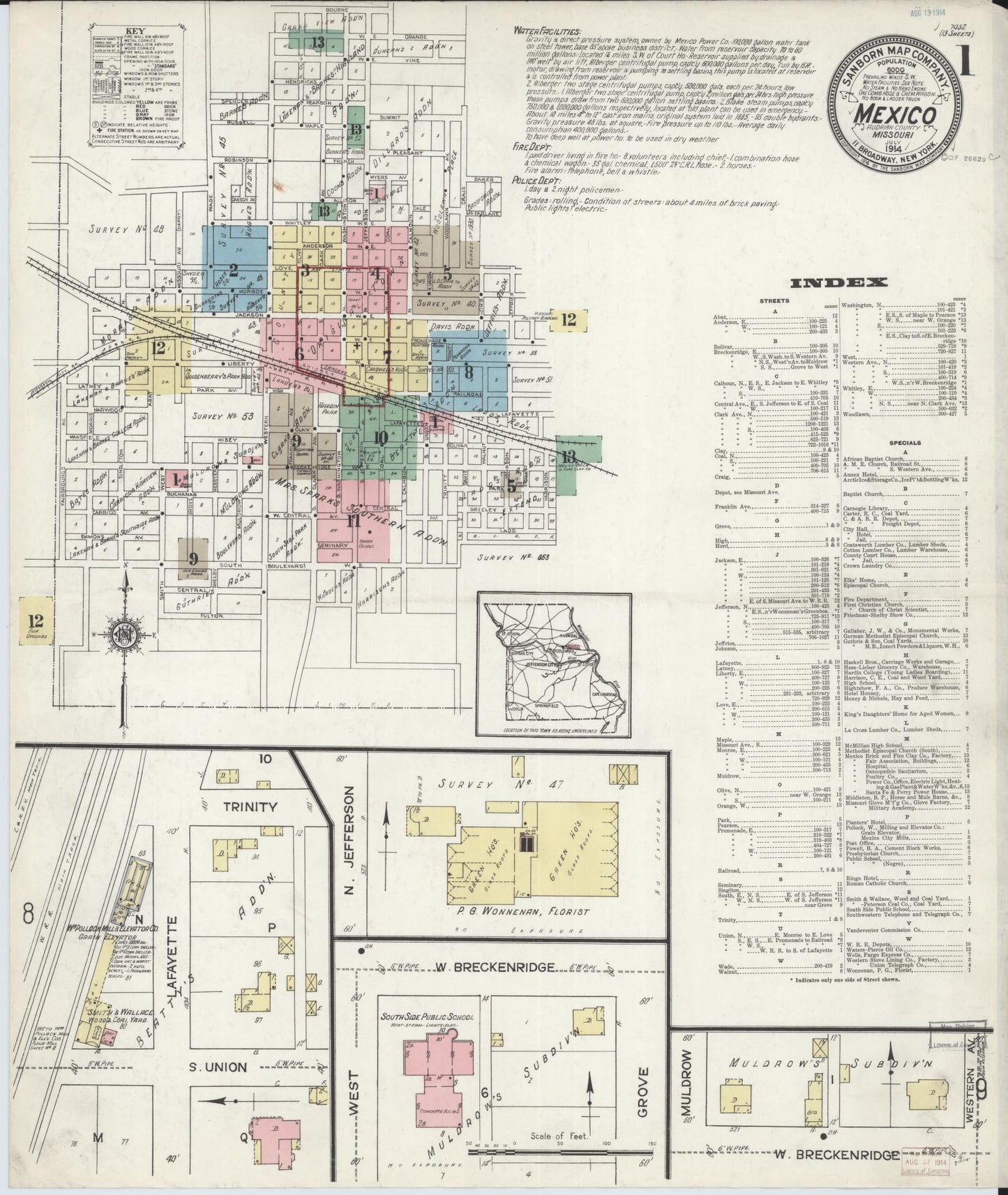 Sanborn Fire Insurance Map from Mexico, Audrain County, Missouri (1914), Sheet #0001 - Complete Map Set gallery image, historic Sanborn map, vintage wall art, Missouri Missouri