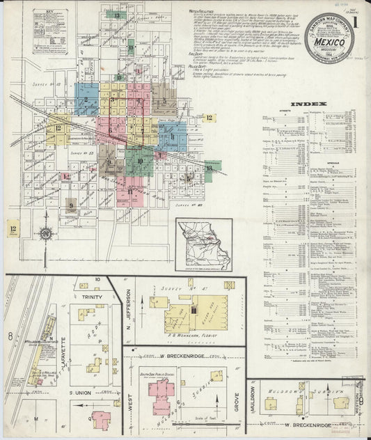 Sanborn Fire Insurance Map from Mexico, Audrain County, Missouri (1914), Sheet #0001 - Complete Map Set gallery image, historic Sanborn map, vintage wall art, Missouri Missouri