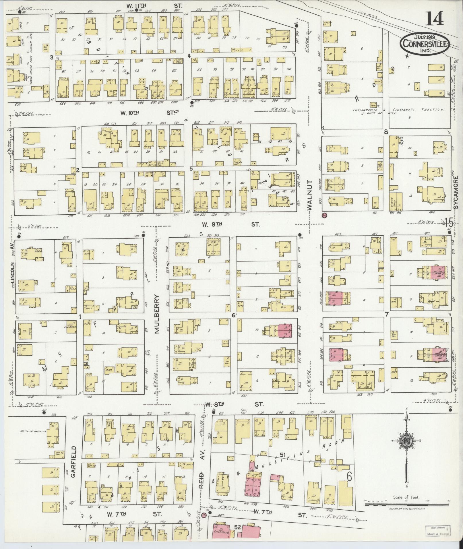Sanborn Fire Insurance Map from Connersville, Fayette County, Indiana (1919), Sheet #0014 - Complete Map Set gallery image, historic Sanborn map, vintage wall art, Indiana Indiana