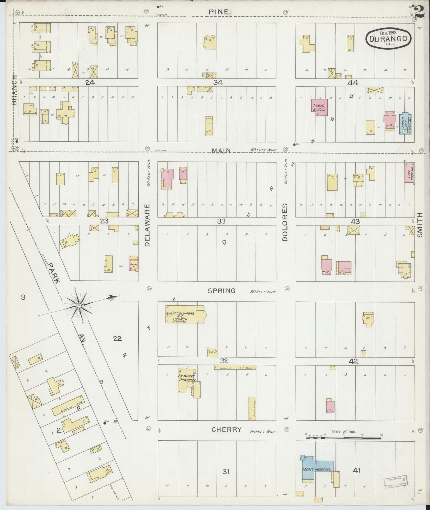 Sanborn Fire Insurance Map from Durango, La Plata County, Colorado (1893), Sheet #0002 - Complete Map Set gallery image, historic Sanborn map, vintage wall art, Colorado Colorado