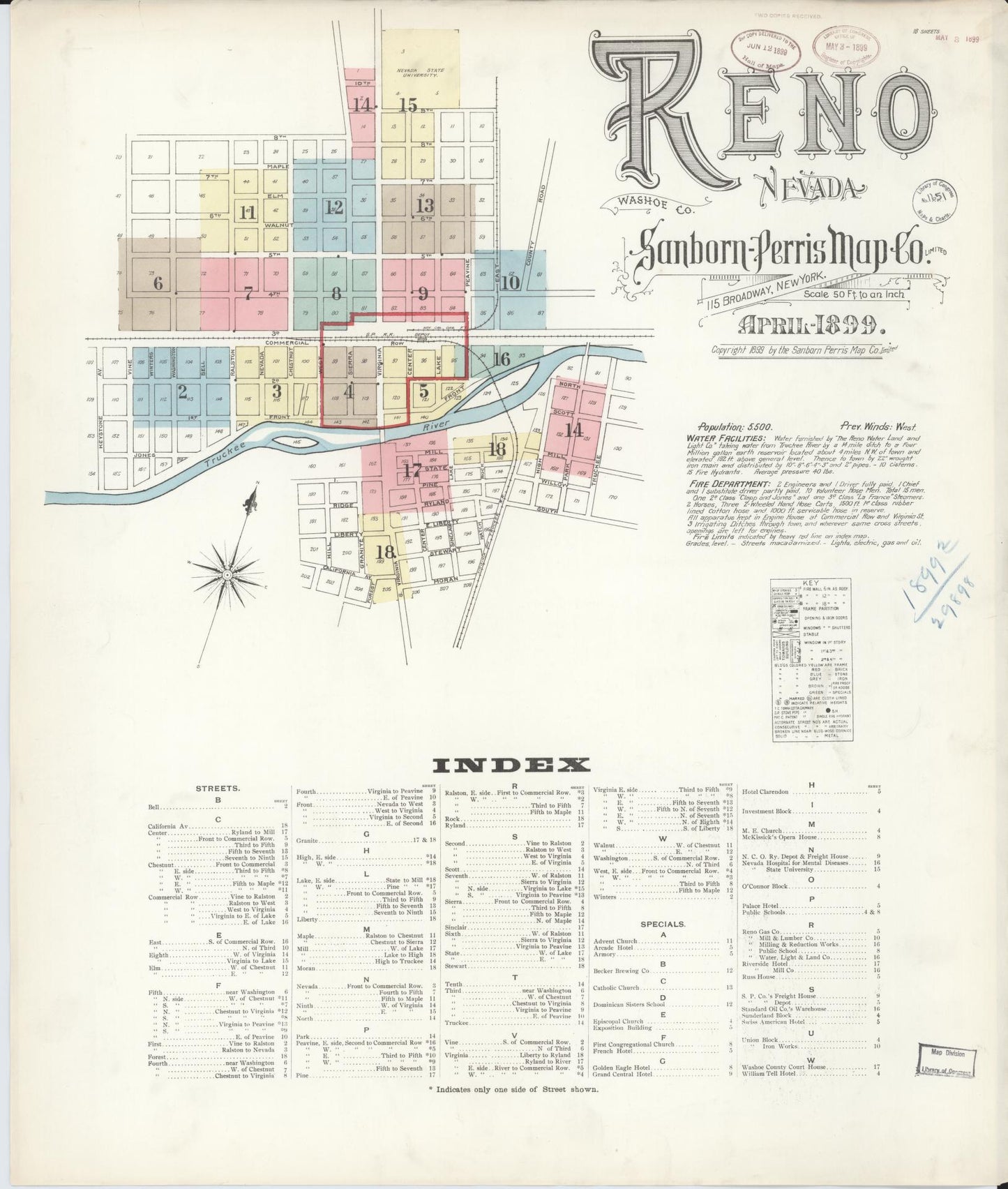 Sanborn Fire Insurance Map from Reno, Washoe County, Nevada (1899), Sheet #0001 - Historic Sanborn Fire Insurance Map Print, vintage old map wall art, antique decor, genealogy gift, Nevada Nevada map