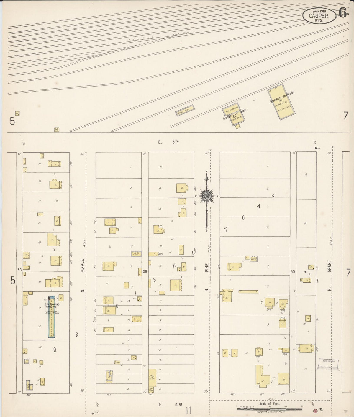 Sanborn Fire Insurance Map from Casper, Natrona County, Wyoming (1918), Sheet #0006 - Complete Map Set gallery image, historic Sanborn map, vintage wall art, Wyoming Wyoming