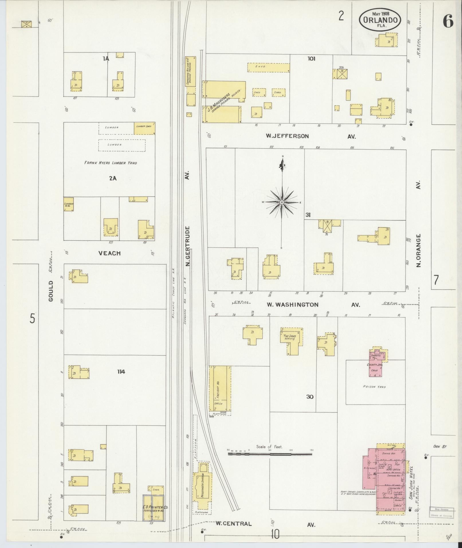 Sanborn Fire Insurance Map from Orlando, Orange County, Florida (1908), Sheet #0006 - Historic Sanborn Fire Insurance Map Print, vintage old map wall art, antique decor, genealogy gift, Florida Florida map