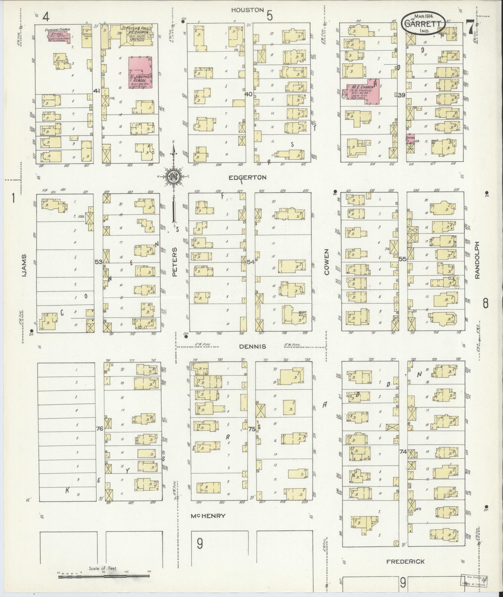Sanborn Fire Insurance Map from Garrett, De Kalb County, Indiana (1914), Sheet #0007 - Complete Map Set gallery image, historic Sanborn map, vintage wall art, Indiana Indiana
