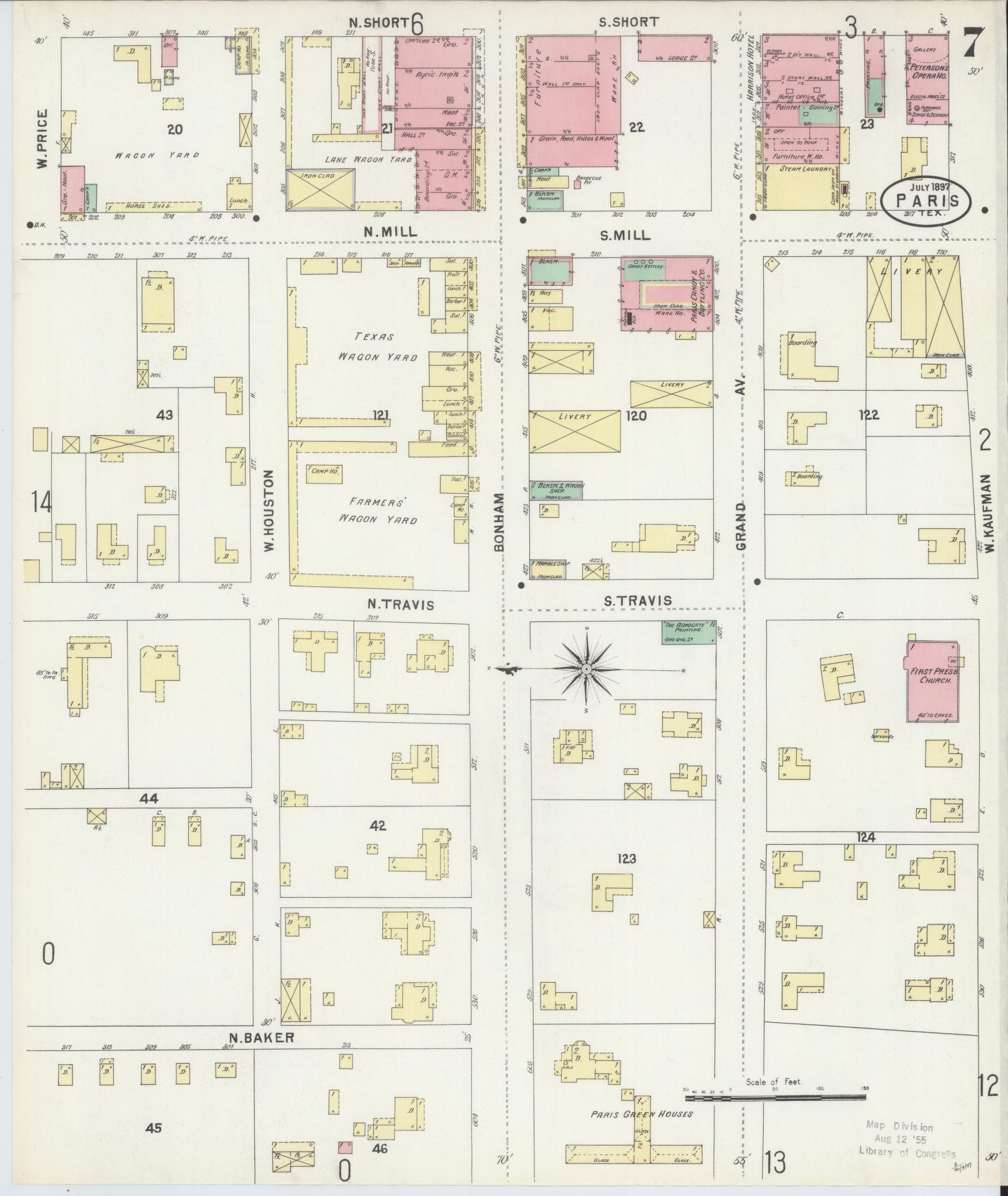 Sanborn Fire Insurance Map from Paris, Lamar County, Texas (1897), Sheet #0007 - Historic Sanborn Fire Insurance Map Print, vintage old map wall art, antique decor, genealogy gift, Texas Texas map