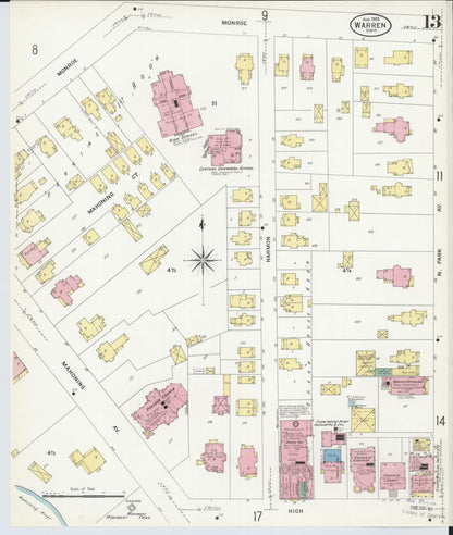 Sanborn Fire Insurance Map from Warren, Trumbull County, Ohio (1908), Sheet #0013 - Historic Sanborn Fire Insurance Map Print, vintage old map wall art, antique decor, genealogy gift, Ohio Ohio map