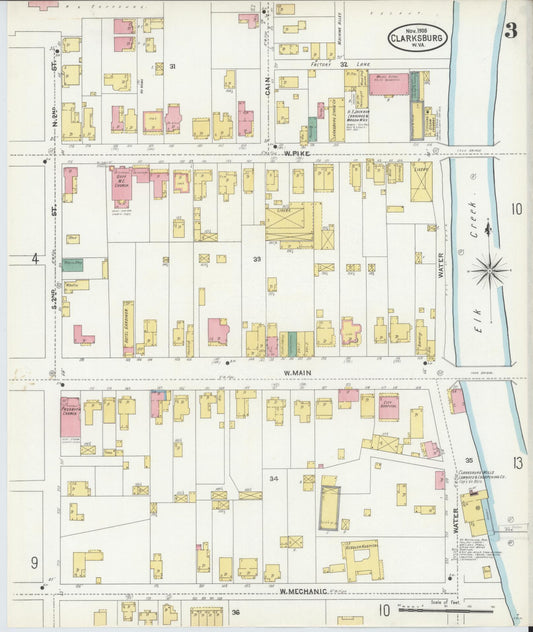 Sanborn Fire Insurance Map from Clarksburg, Harrison County, West Virginia (1905), Sheet #0003 - Historic Sanborn Fire Insurance Map Print, vintage old map wall art, antique decor, genealogy gift, West Virginia West Virginia map