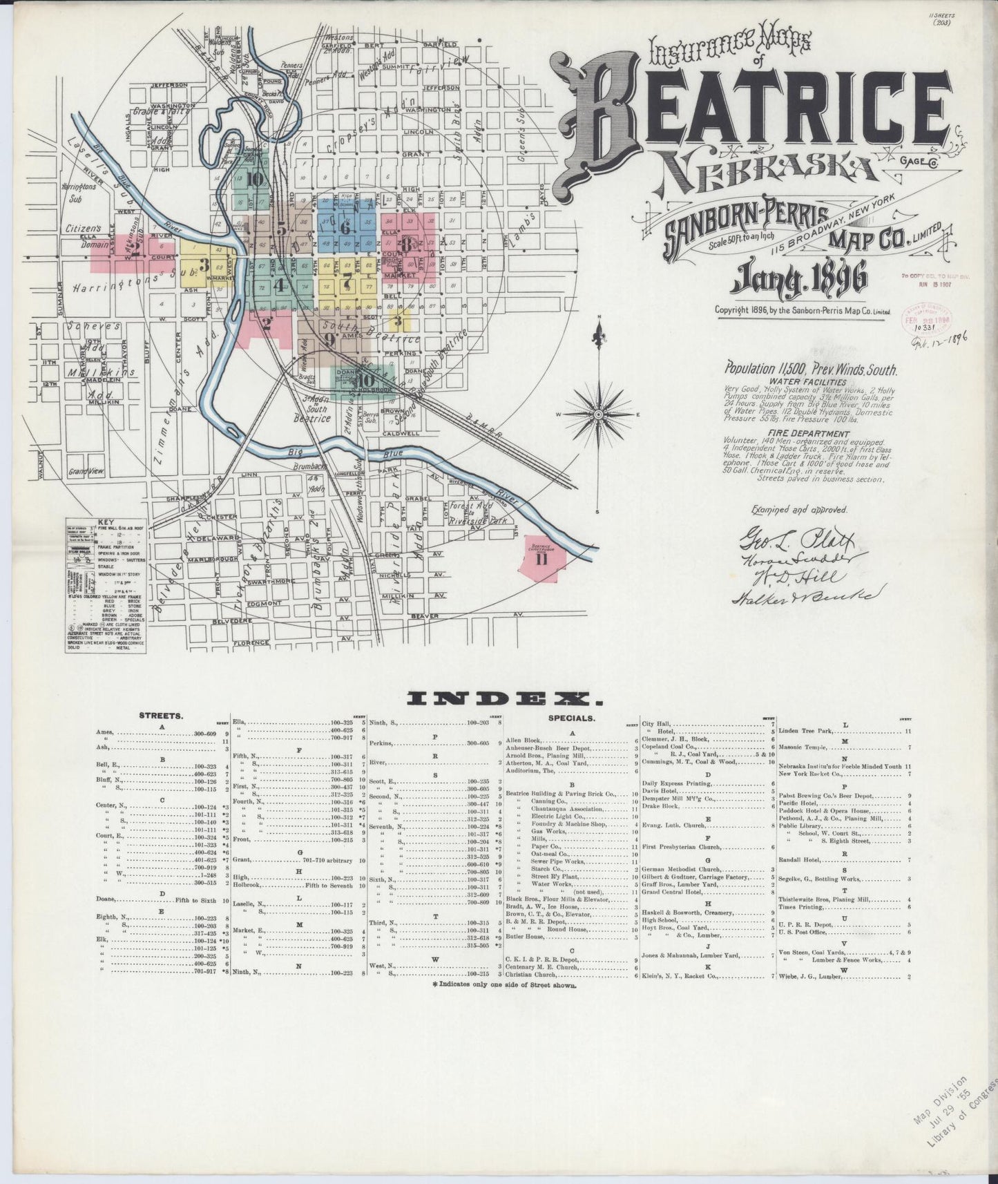 Sanborn Fire Insurance Map from Beatrice, Gage County, Nebraska (1896), Sheet #0001 - Historic Sanborn Fire Insurance Map Print, vintage old map wall art, antique decor, genealogy gift, Nebraska Nebraska map