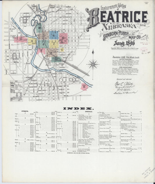 Sanborn Fire Insurance Map from Beatrice, Gage County, Nebraska (1896), Sheet #0001 - Historic Sanborn Fire Insurance Map Print, vintage old map wall art, antique decor, genealogy gift, Nebraska Nebraska map