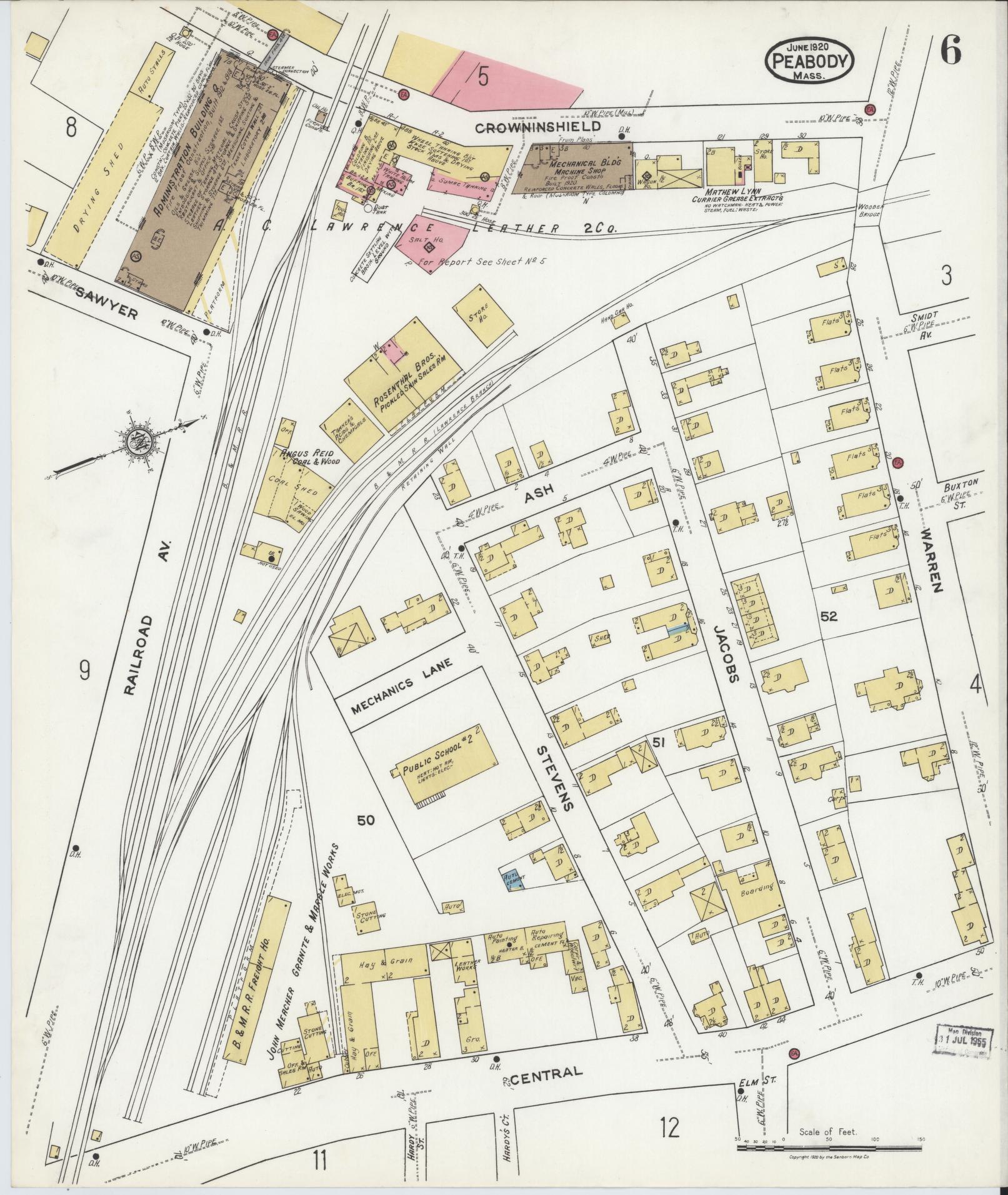 Sanborn Fire Insurance Map from Peabody, Essex County, Massachusetts (1920), Sheet #0006 - Complete Map Set gallery image, historic Sanborn map, vintage wall art, Massachusetts Massachusetts