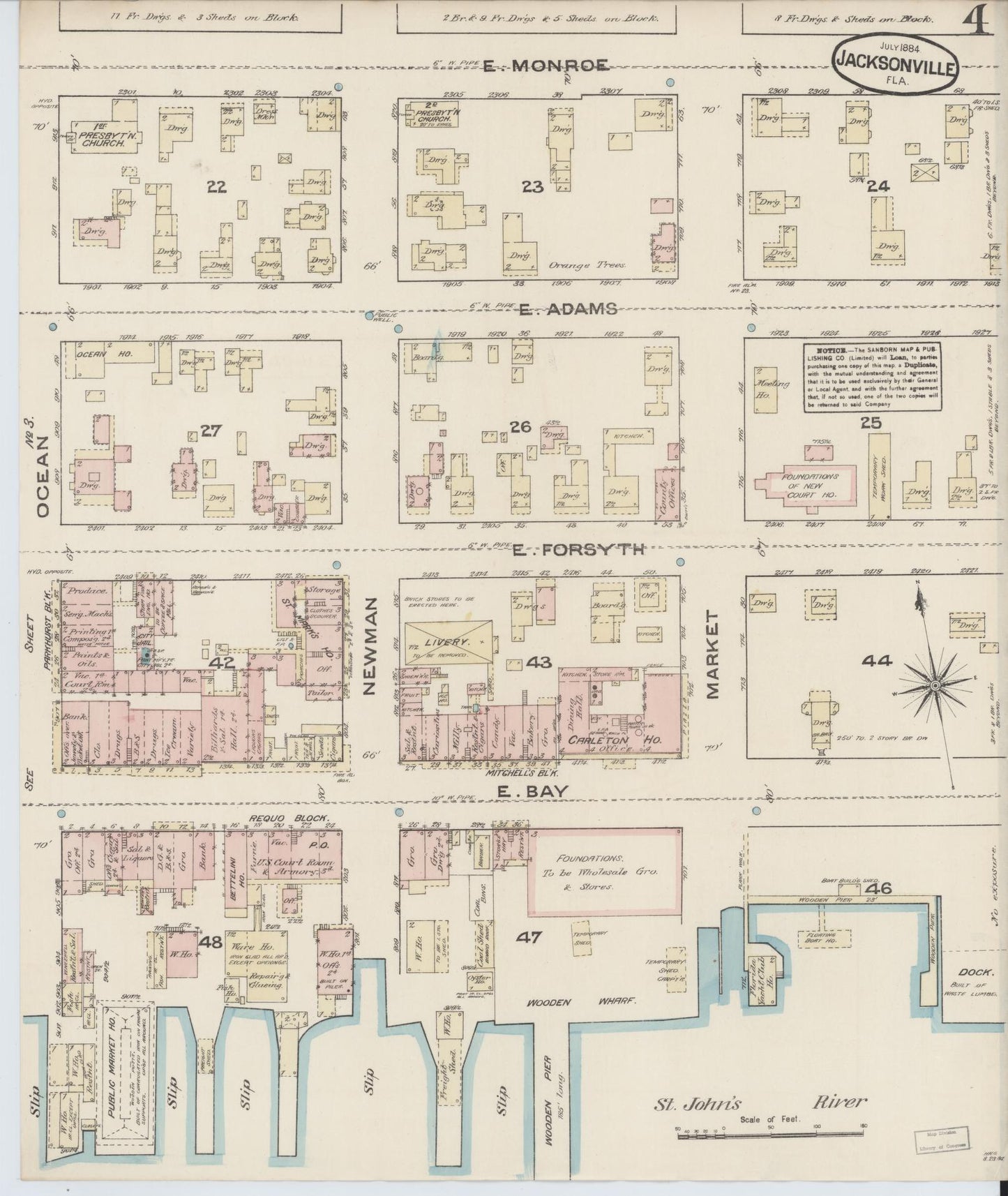 Sanborn Fire Insurance Map from Jacksonville, Duval County, Florida (1884), Sheet #0004 - Complete Map Set gallery image, historic Sanborn map, vintage wall art, Florida Florida