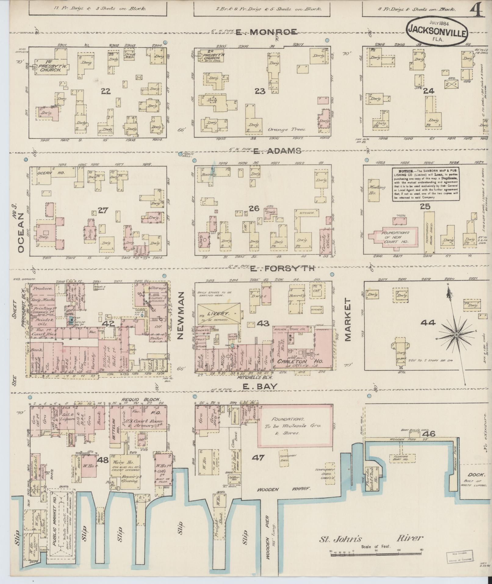 Sanborn Fire Insurance Map from Jacksonville, Duval County, Florida (1884), Sheet #0004 - Complete Map Set gallery image, historic Sanborn map, vintage wall art, Florida Florida