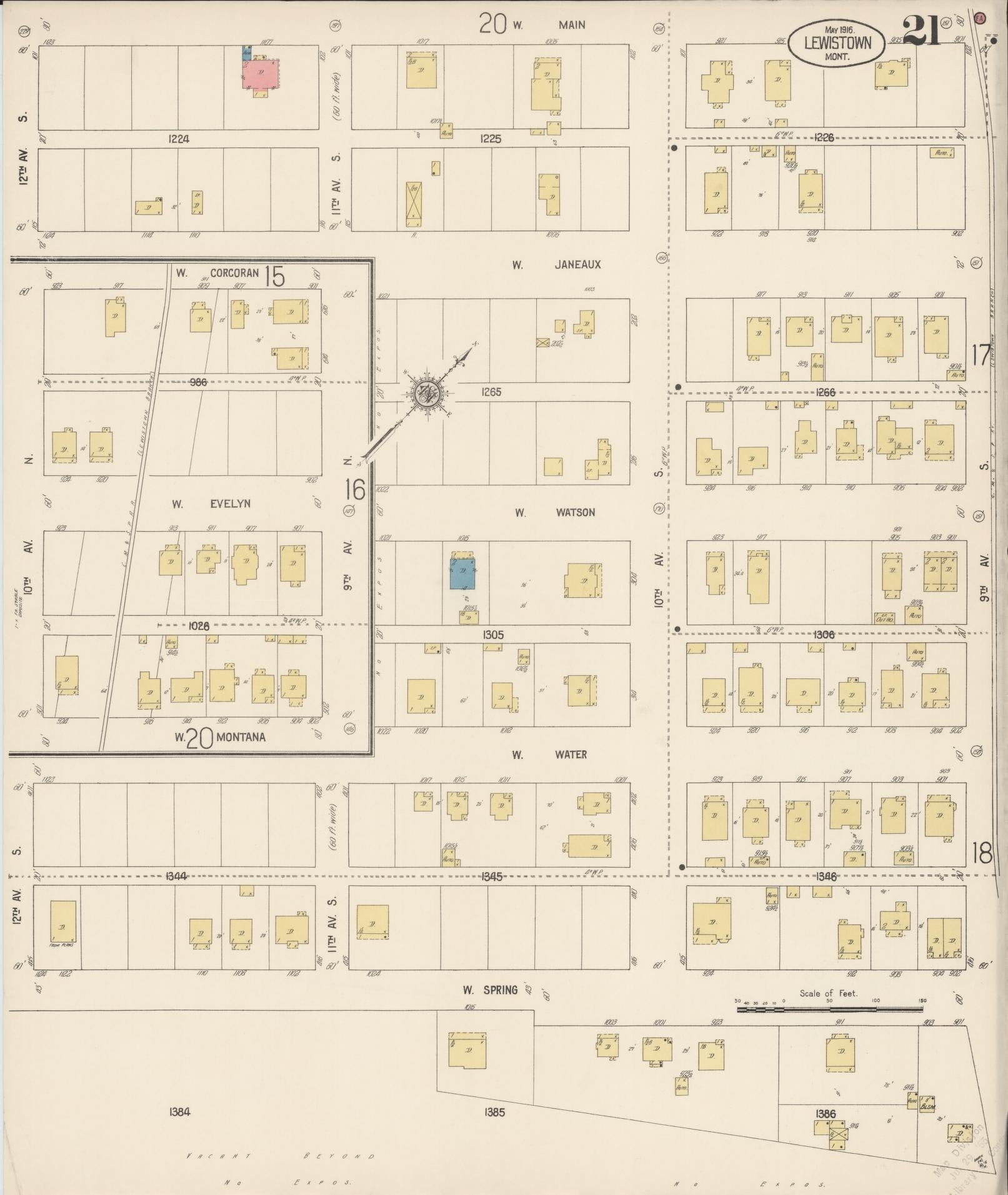 Sanborn Fire Insurance Map from Lewistown, Fergus County, Montana (1916), Sheet #0021 - Complete Map Set gallery image, historic Sanborn map, vintage wall art, Montana Montana