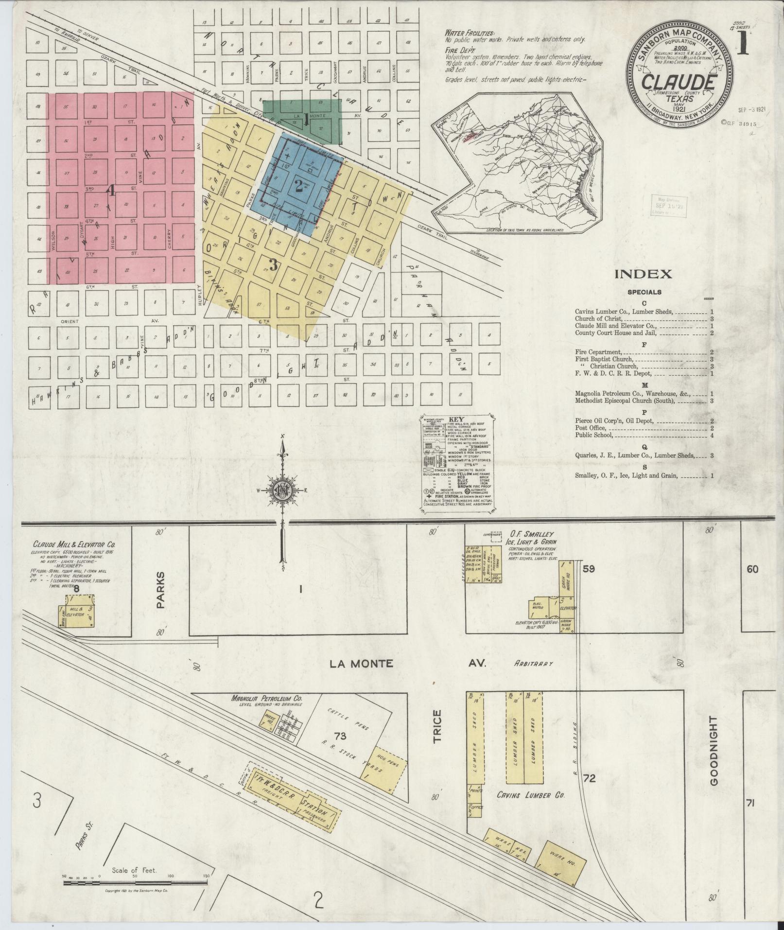 Sanborn Fire Insurance Map from Claude, Armstrong County, Texas. (1921) – Historic Sanborn Fire Insurance Map Print