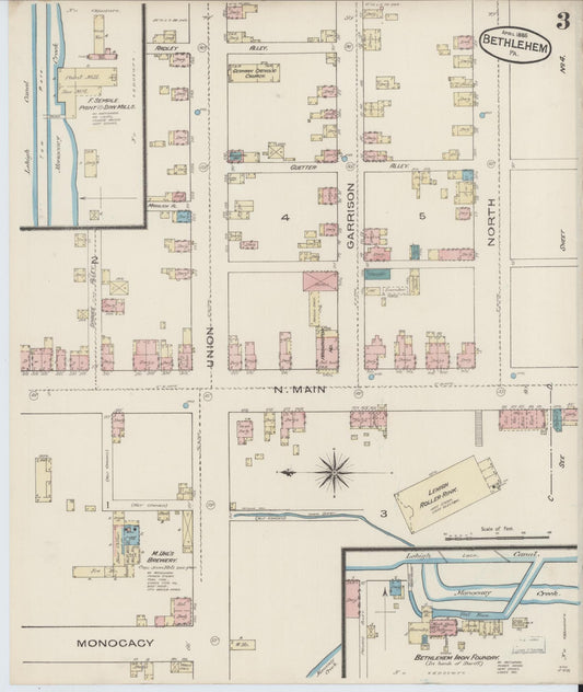 Sanborn Fire Insurance Map from Bethlehem, Northampton And Lehigh Counties, Pennsylvania (1885), Sheet #0003 - Historic Sanborn Fire Insurance Map Print, vintage old map wall art, antique decor, genealogy gift, Pennsylvania Pennsylvania map