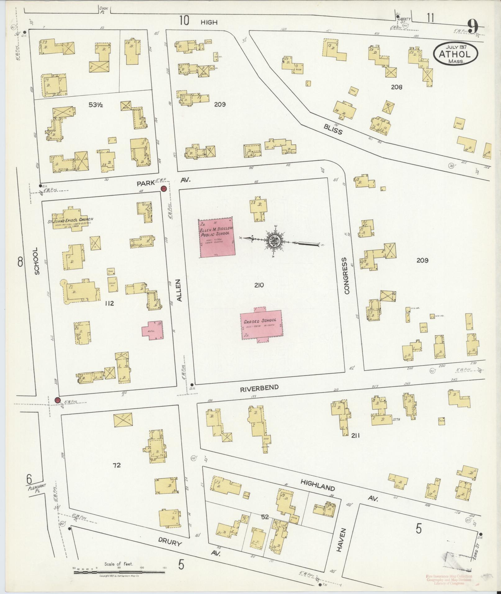 Sanborn Fire Insurance Map from Athol, Worcester County, Massachusetts (1917), Sheet #0009 - Historic Sanborn Fire Insurance Map Print, vintage old map wall art, antique decor, genealogy gift, Massachusetts Massachusetts map
