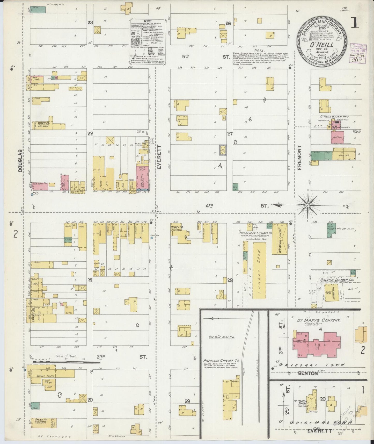Sanborn Fire Insurance Map from O'Neill, Holt County, Nebraska (1902), Sheet #0001 - Historic Sanborn Fire Insurance Map Print, vintage old map wall art, antique decor, genealogy gift, Nebraska Nebraska map
