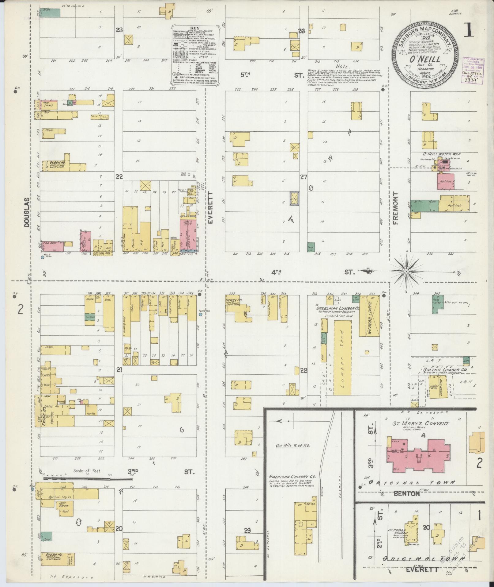 Sanborn Fire Insurance Map from O'Neill, Holt County, Nebraska (1902), Sheet #0001 - Historic Sanborn Fire Insurance Map Print, vintage old map wall art, antique decor, genealogy gift, Nebraska Nebraska map