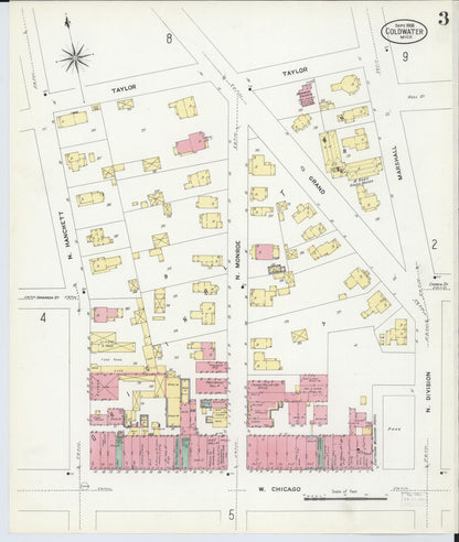 Sanborn Fire Insurance Map from Coldwater, Branch County, Michigan (1908), Sheet #0003 - Complete Map Set gallery image, historic Sanborn map, vintage wall art, Michigan Michigan