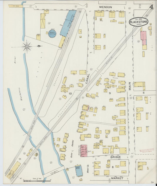 Sanborn Fire Insurance Map from Blackstone, Worcester County, Massachusetts (1893), Sheet #0004 - Historic Sanborn Fire Insurance Map Print, vintage old map wall art, antique decor, genealogy gift, Massachusetts Massachusetts map