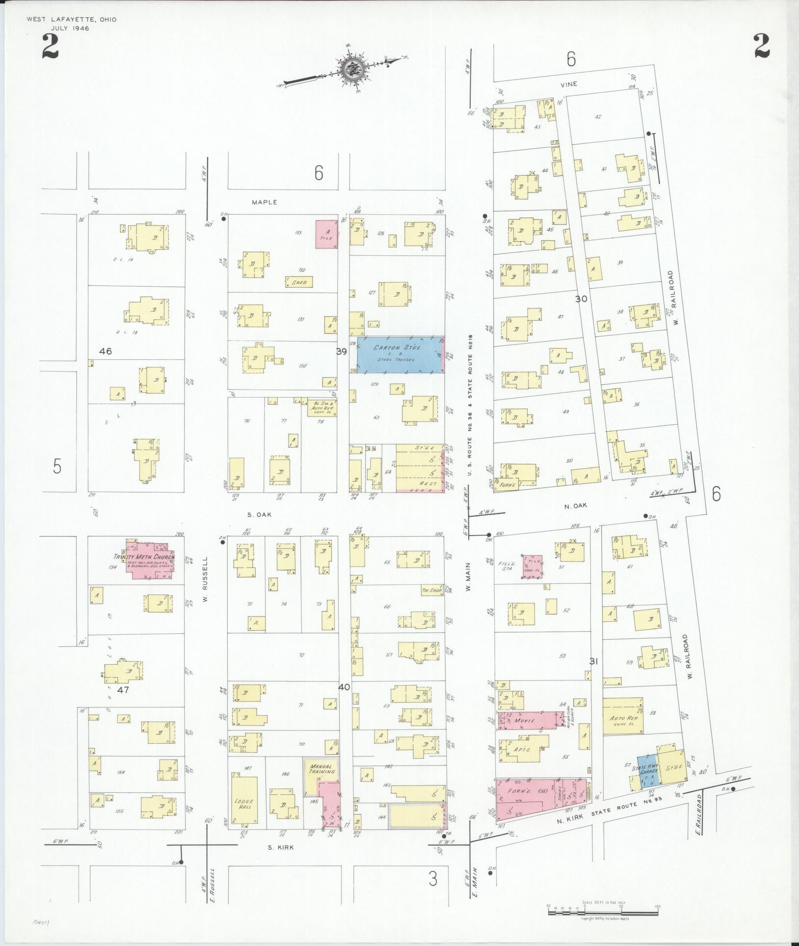 Sanborn Fire Insurance Map from West Lafayette, Coshocton County, Ohio (1946), Sheet #0002 - Historic Sanborn Fire Insurance Map Print, vintage old map wall art, antique decor, genealogy gift, Ohio Ohio map