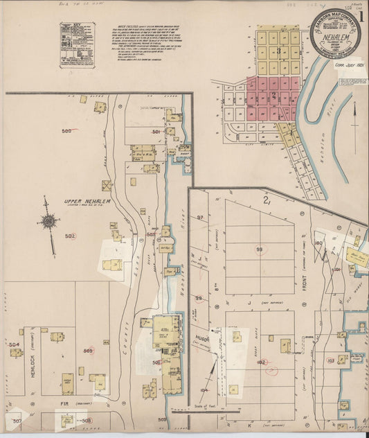 Sanborn Fire Insurance Map from Nehalem, Tillamook County, Oregon (1931), Sheet #0001 - Historic Sanborn Fire Insurance Map Print, vintage old map wall art, antique decor, genealogy gift, Oregon Oregon map