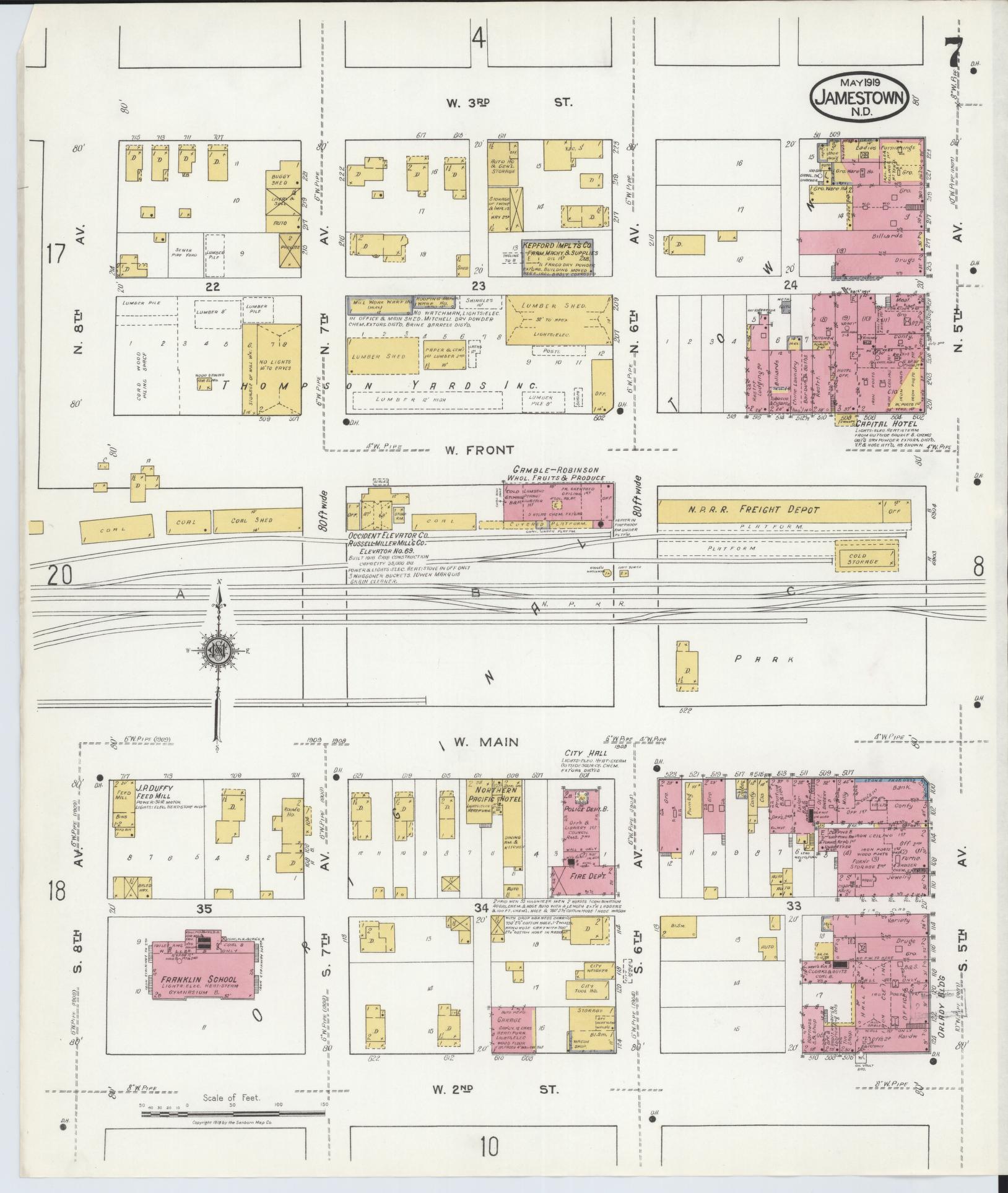 Sanborn Fire Insurance Map from Jamestown, Stutsman County, North Dakota (1919), Sheet #0007 - Historic Sanborn Fire Insurance Map Print, vintage old map wall art, antique decor, genealogy gift, North Dakota North Dakota map