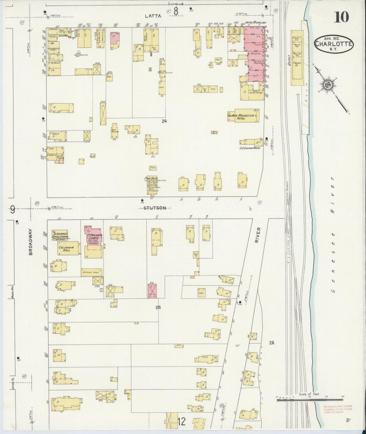 Sanborn Fire Insurance Map from Charlotte, Monroe County, New York (1912), Sheet #0010 - Historic Sanborn Fire Insurance Map Print, vintage old map wall art, antique decor, genealogy gift, New York New York map