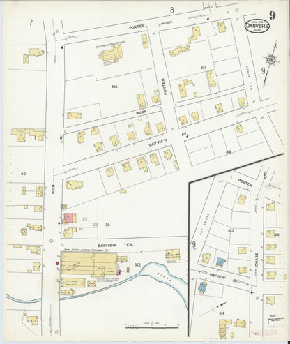 Sanborn Fire Insurance Map from Danvers, Essex County, Massachusetts (1916), Sheet #0009 - Historic Sanborn Fire Insurance Map Print, vintage old map wall art, antique decor, genealogy gift, Massachusetts Massachusetts map