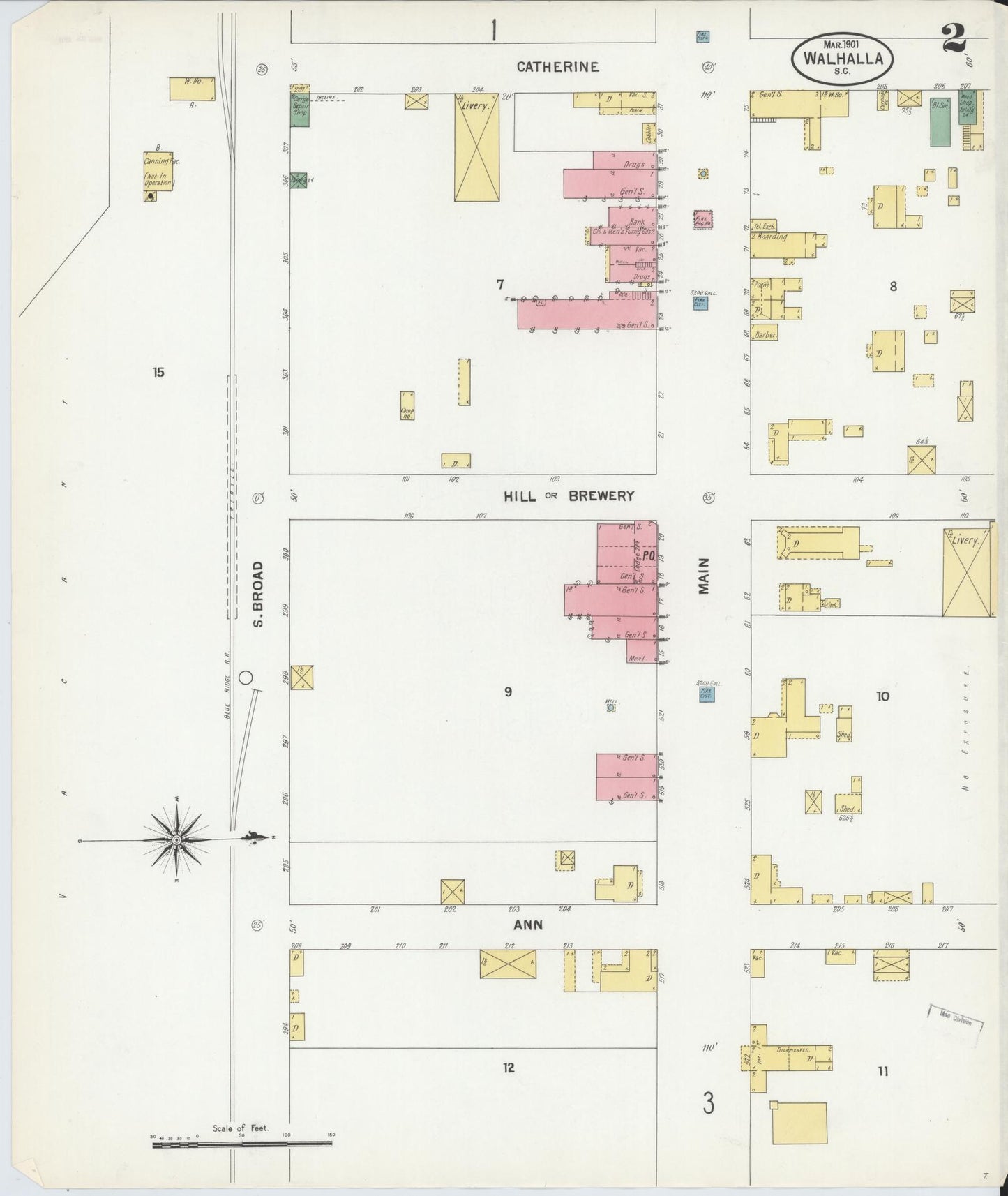 Sanborn Fire Insurance Map from Walhalla, Oconee County, South Carolina (1901), Sheet #0002 - Complete Map Set gallery image, historic Sanborn map, vintage wall art, South Carolina South Carolina