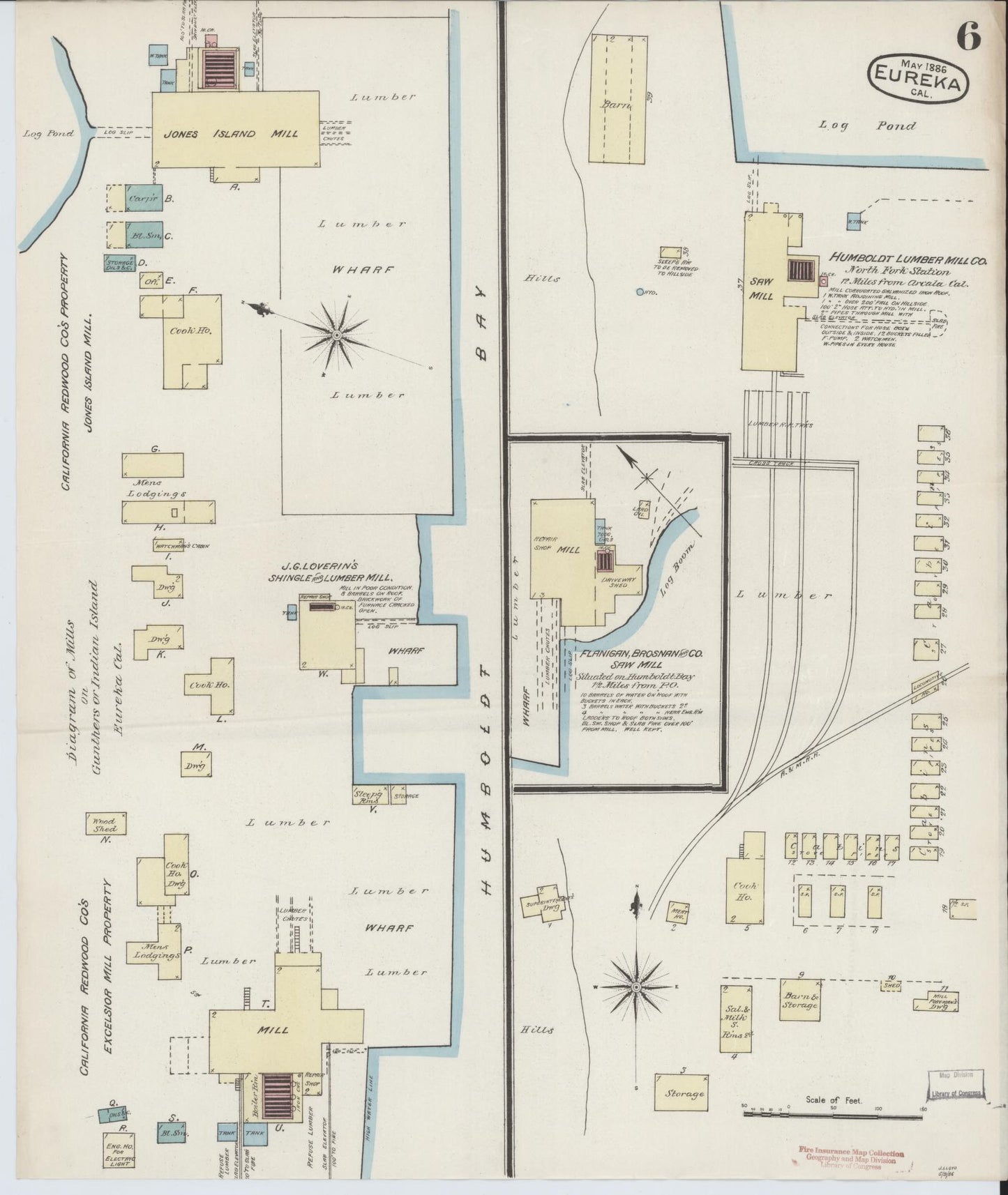 Sanborn Fire Insurance Map from Eureka, Humboldt County, California (1886), Sheet #0006 - Historic Sanborn Fire Insurance Map Print, vintage old map wall art, antique decor, genealogy gift, California California map
