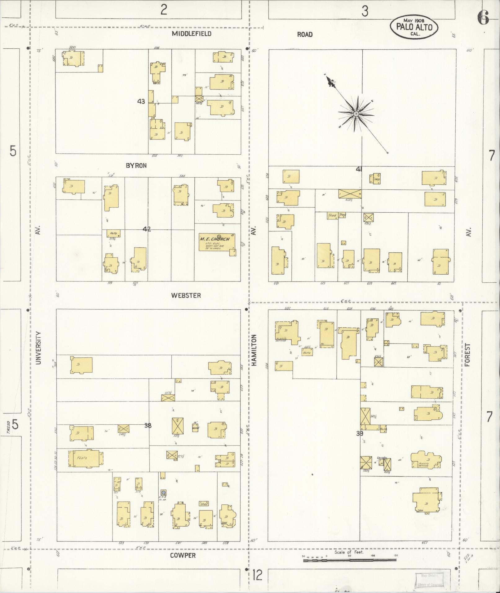 Sanborn Fire Insurance Map from Palo Alto, Santa Clara County, California (1908), Sheet #0006 - Complete Map Set gallery image, historic Sanborn map, vintage wall art, California California