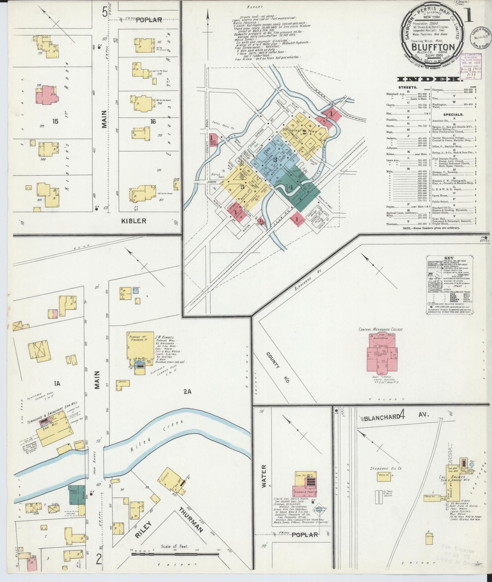 Sanborn Fire Insurance Map from Bluffton, Allen County, Ohio (1901), Sheet #0001 - Historic Sanborn Fire Insurance Map Print, vintage old map wall art, antique decor, genealogy gift, Ohio Ohio map