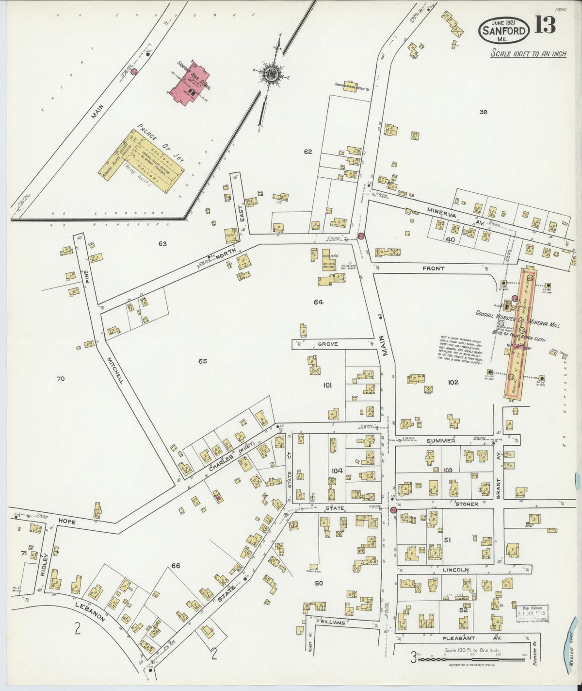 Sanborn Fire Insurance Map from Sanford, York County, Maine (1921), Sheet #0013 - Complete Map Set gallery image, historic Sanborn map, vintage wall art, Maine Maine