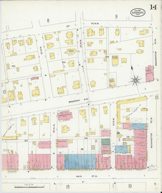 Sanborn Fire Insurance Map from Ardmore, Carter County, Oklahoma (1907), Sheet #0014 - Historic Sanborn Fire Insurance Map Print, vintage old map wall art, antique decor, genealogy gift, Oklahoma Oklahoma map