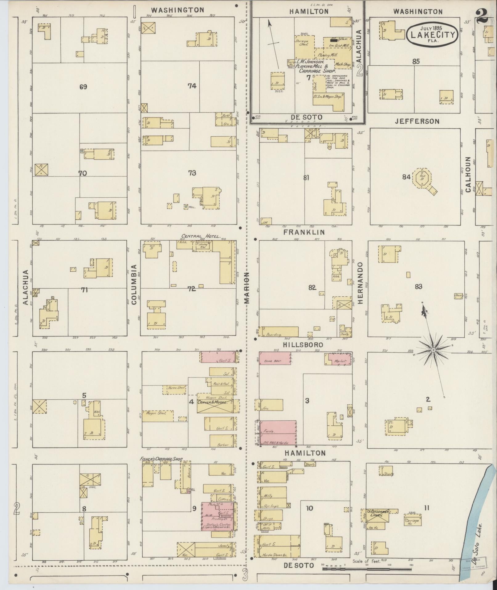 Sanborn Fire Insurance Map from Lake City, Columbia County, Florida (1895), Sheet #0002 - Complete Map Set gallery image, historic Sanborn map, vintage wall art, Florida Florida