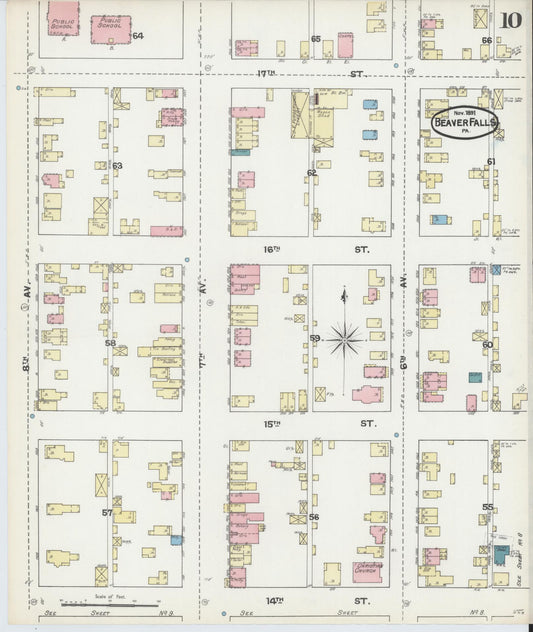 Sanborn Fire Insurance Map from Beaver Falls, Beaver County, Pennsylvania (1891), Sheet #0010 - Historic Sanborn Fire Insurance Map Print, vintage old map wall art, antique decor, genealogy gift, Pennsylvania Pennsylvania map