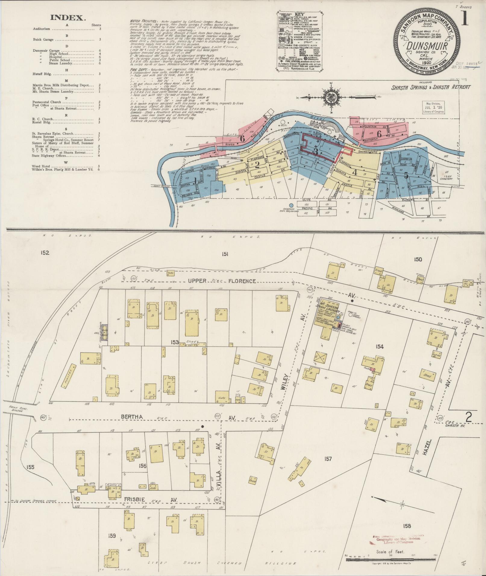 Sanborn Fire Insurance Map from Dunsmuir, Siskiyou County, California (1920), Sheet #0001 - Complete Map Set gallery image, historic Sanborn map, vintage wall art, California California