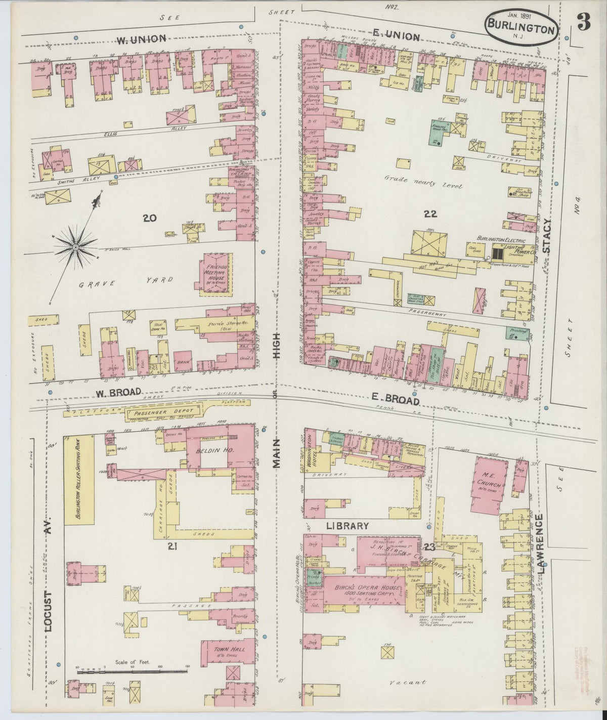 Sanborn Fire Insurance Map from Burlington, Burlington County, New Jersey (1891), Sheet #0003 - Complete Map Set gallery image, historic Sanborn map, vintage wall art, New Jersey New Jersey