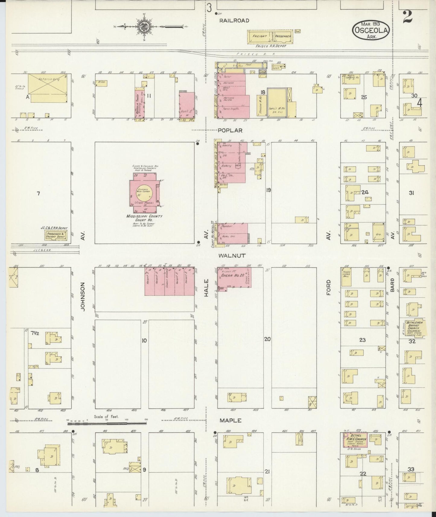 Sanborn Fire Insurance Map from Osceola, Mississippi County, Arkansas (1913), Sheet #0002 - Historic Sanborn Fire Insurance Map Print, vintage old map wall art, antique decor, genealogy gift, Osceola Mississippi map