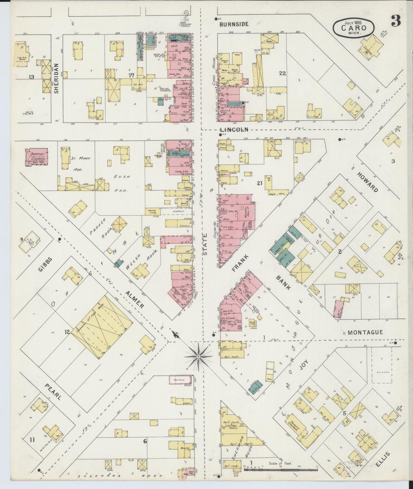 Sanborn Fire Insurance Map from Caro, Tuscola County, Michigan (1895), Sheet #0003 - Complete Map Set gallery image, historic Sanborn map, vintage wall art, Michigan Michigan