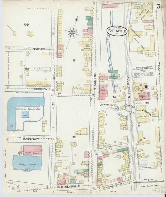 Sanborn Fire Insurance Map from Pottsville, Schuylkill County, Pennsylvania (1891), Sheet #0005 - Historic Sanborn Fire Insurance Map Print, vintage old map wall art, antique decor, genealogy gift, Pennsylvania Pennsylvania map